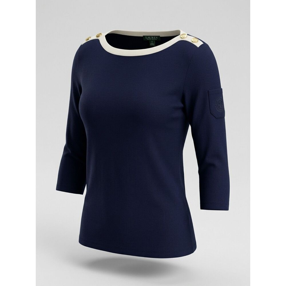 Ralph Lauren Navy Gold‑Button Shirt – Size M – Designer Luxury Fall Essential